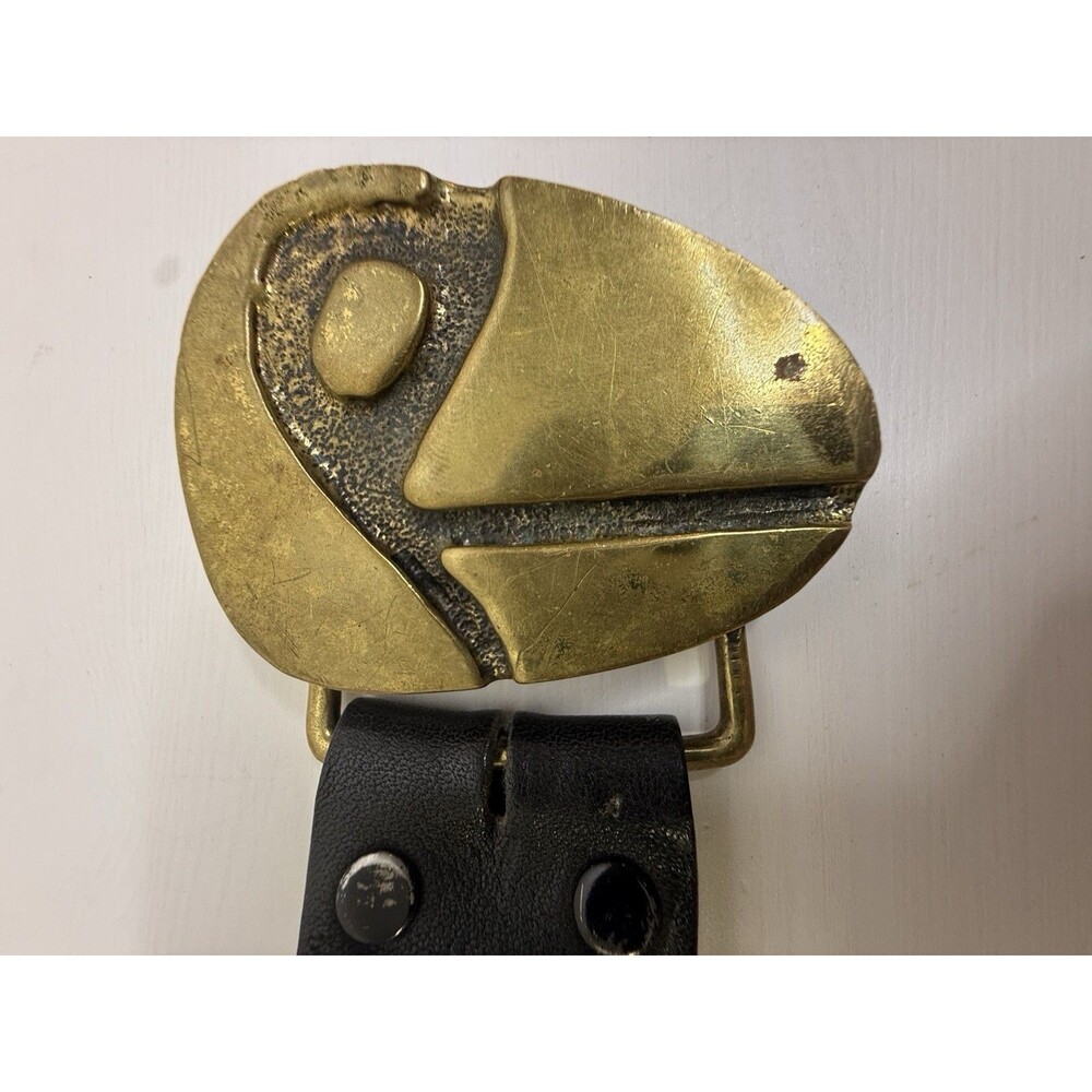 Vintage Leather Belt Toucan Bird Brass Buckle Black Wide Statement